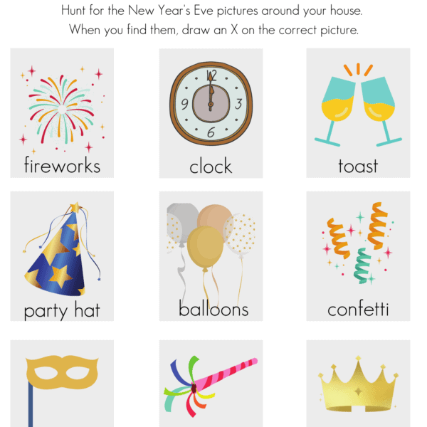 Printable New Year's Eve scavenger hunt card